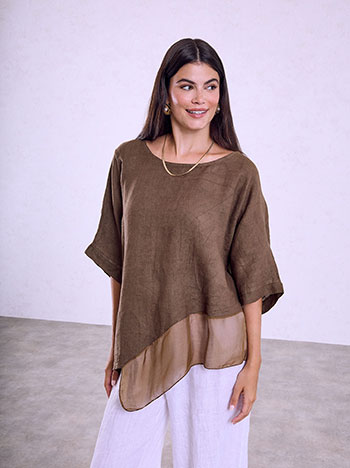 Linen blouse with contrast fabrics in brown