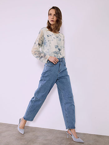 Μπλούζα ημιδιάφανη εμπριμέ σε μπλε