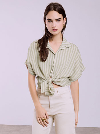 Πουκάμισο ριγέ με δέσιμο σε χακί ανοιχτό