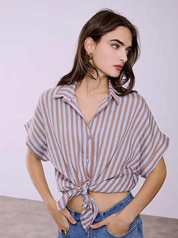 Πουκάμισο ριγέ με δέσιμο σε καφέ