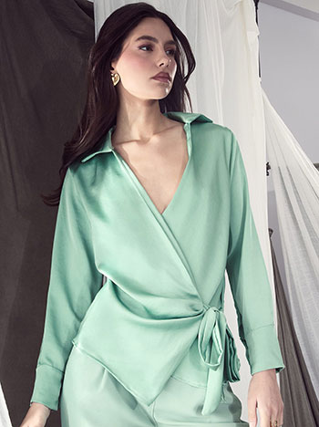 Wrap front top with collar in almond green
