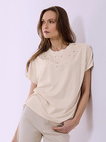 Pearl and rhinestone embellished top in light beige