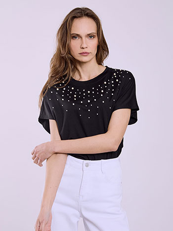 Pearl and rhinestone embellished top in black