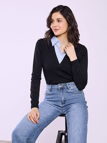 Πουλόβερ με γιακά πουκάμισου σε μαύρο