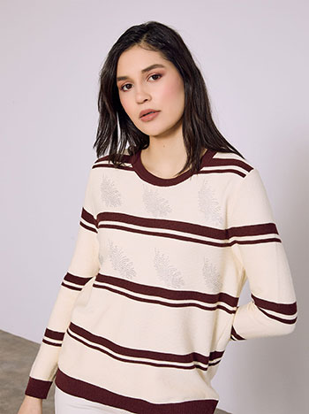 Sweater with stripes and strass in wine red