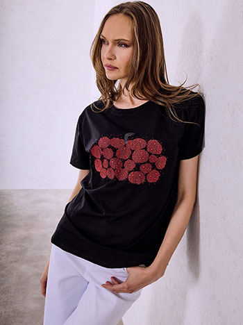 T-shirt με στάμπα και strass σε μαύρο