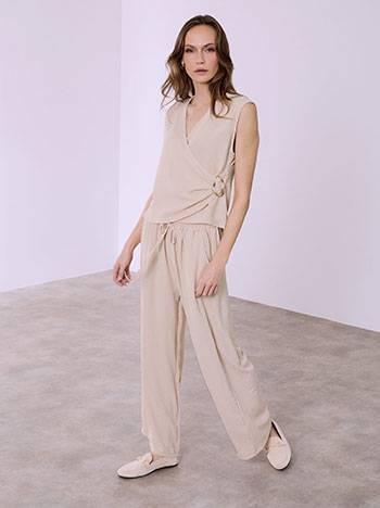 Σετ κρουαζέ τοπ και παντελόνα σε μπεζ