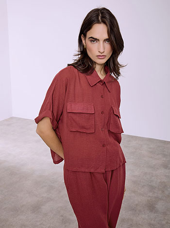 Shirt and wide leg trousers viscose set in wine red