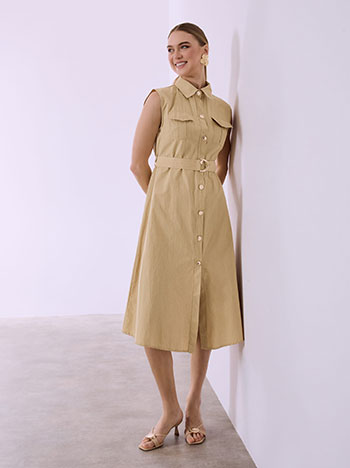 Cotton shirtdress with pockets in beige