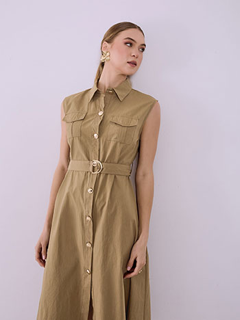 Σεμιζιέ φόρεμα βαμβακερό με τσέπες σε καφέ ανοιχτό