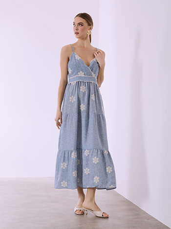 Φόρεμα μάξι κρουαζέ με λινό σε μπλε ραφ