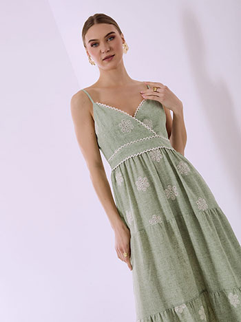 Φόρεμα μάξι κρουαζέ με λινό σε λαδί