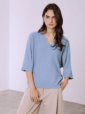 Μπλούζα με πέρλες στη λαιμόκοψη σε μπλε ραφ