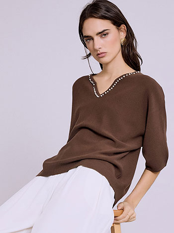Top with pearls on neckline in brown