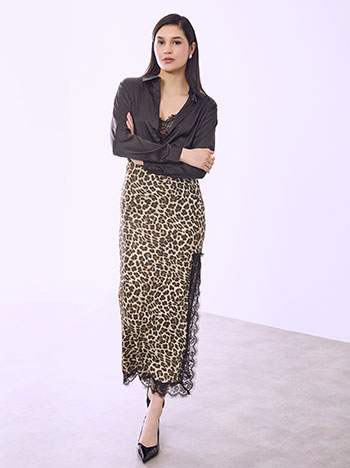 Skirt leopard with lace detail in beige
