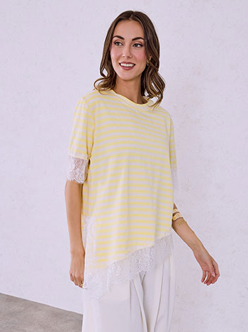 Μπλούζα ριγέ με λεπτομέρειες δαντέλας σε κίτρινο