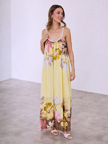 Φόρεμα κεντητό διάτρητο φλοράλ σε κίτρινο