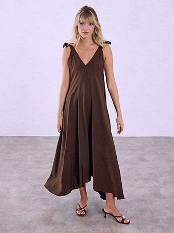 Asymmetric dress with tie straps in dark brown