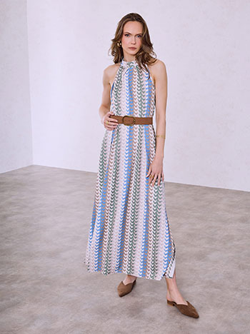 Printed halter neck dress in beige