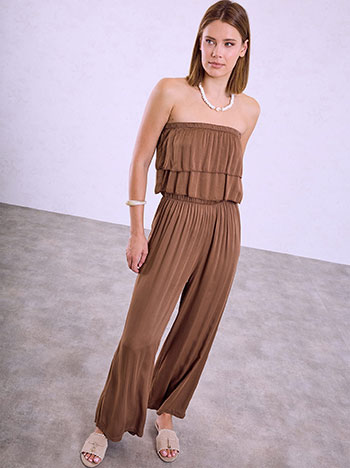 Strappless ruffled jumpsuit in brown