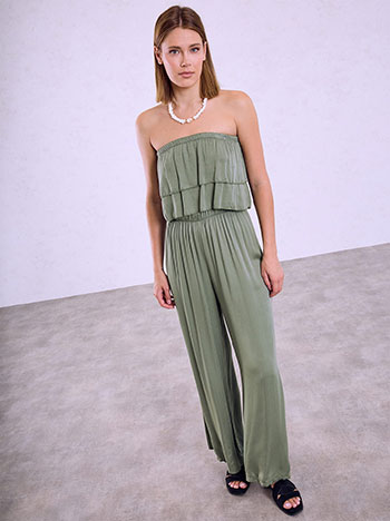 Strappless ruffled jumpsuit in khaki