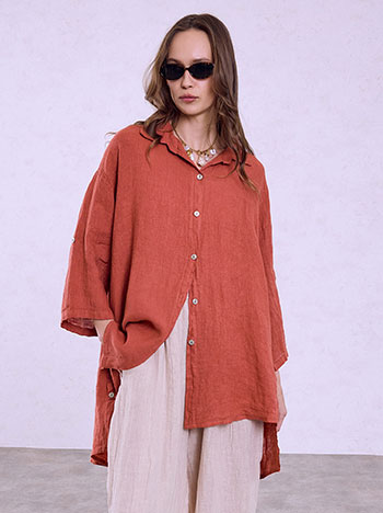 Linen shirt with side buttons in terracota