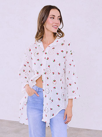 Πουκαμίσα ασύμμετρη με κεράσια σε λευκό