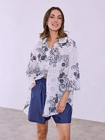 Printed embroidered shirt in white