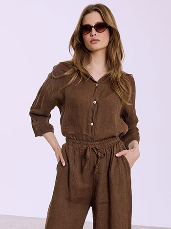 Πουκάμισο λινό με τρία τέταρτα μανίκι σε καφέ