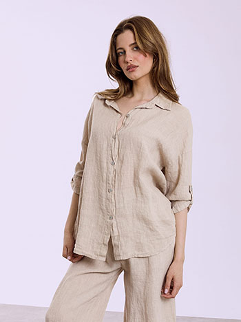 Πουκάμισο λινό με τρία τέταρτα μανίκι σε μπεζ