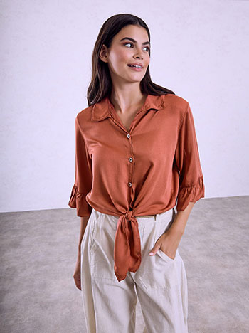 Cropped shirt with ruffles in terracota