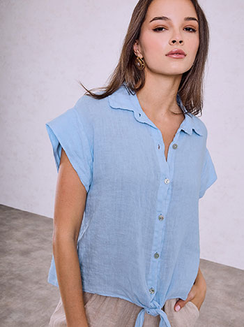 Linen shirt with tie in sky blue