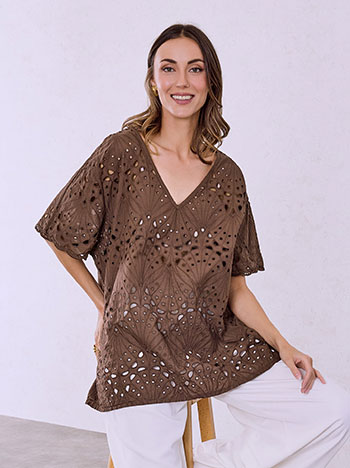 Μπλούζα διάτρητη από βαμβάκι σε καφέ