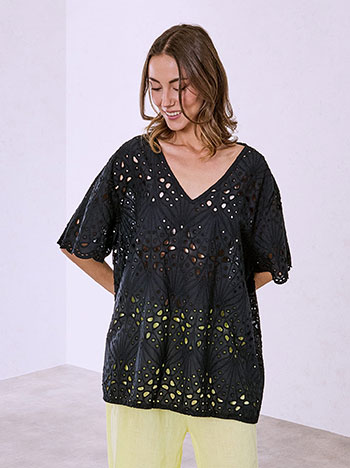 Μπλούζα διάτρητη από βαμβάκι σε μαύρο