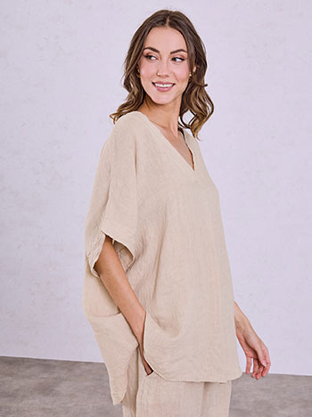 Linen top with pleat in beige
