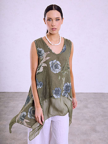 Floral top with semi-sheer hem in khaki