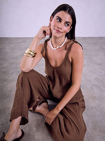 Linen top with shoulders ties in brown