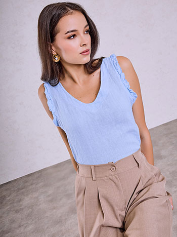 Linen top with decorative seams in sky blue