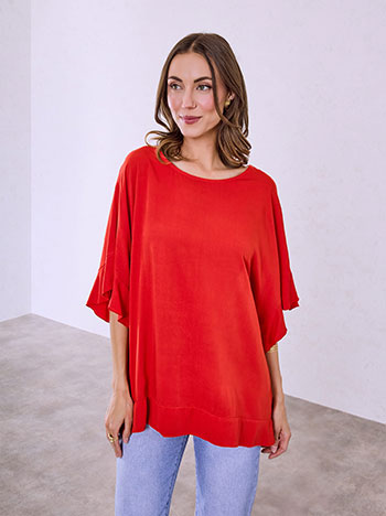 Μπλούζα από βισκόζη με βολάν σε κόκκινο