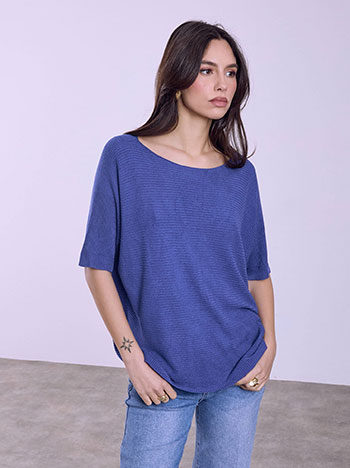 Top with open crew neckline in electric blue