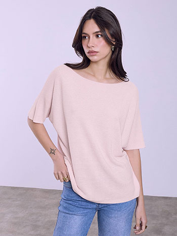 Top with open crew neckline in pink