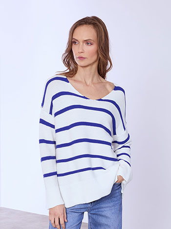 Πουλόβερ ριγέ με V λαιμόκοψη σε άσπρο-μπλε