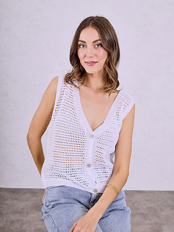 Γιλέκο πλεκτό διάτρητο σε λευκό