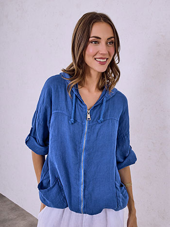 Ζακέτα λινή με κουκούλα σε μπλε ηλεκτρίκ