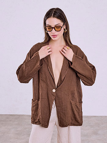 Linen blazer with pockets in brown
