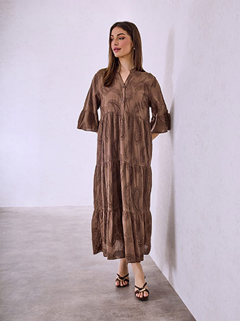 Φόρεμα βαμβακερό κεντητό σε καφέ