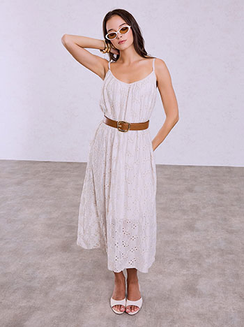 V neckline embroidered dress in beige