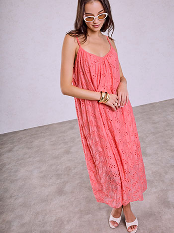 V neckline embroidered dress in coral