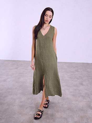 Linen midi dress with slits in khaki