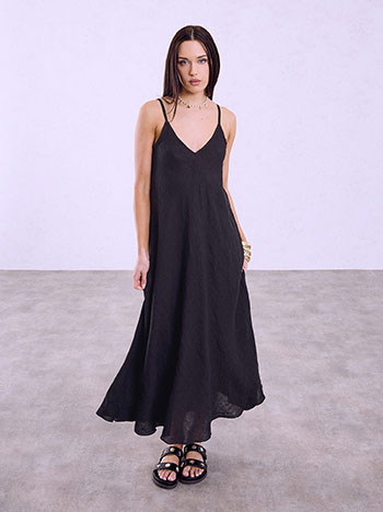 Linen V neckline dress in black